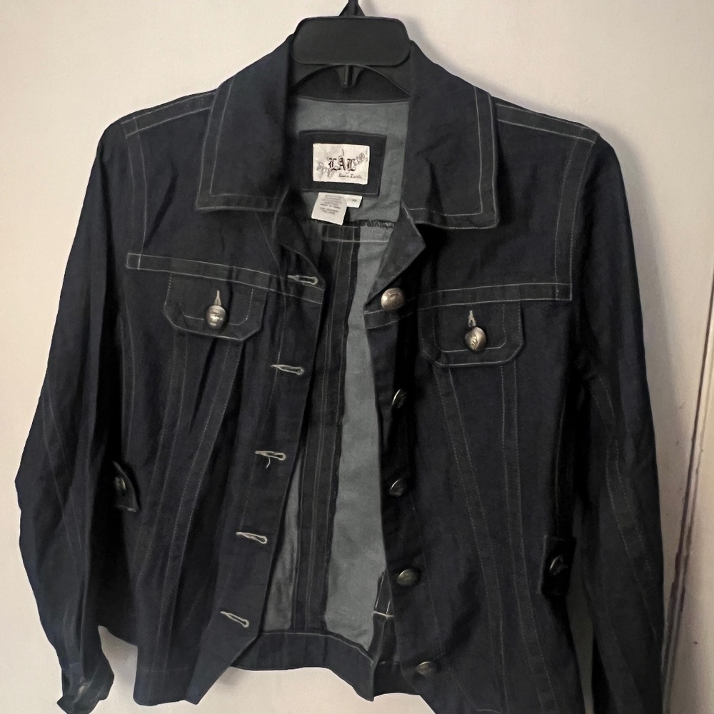 Denim Blazer Top stitched in cream colored thread